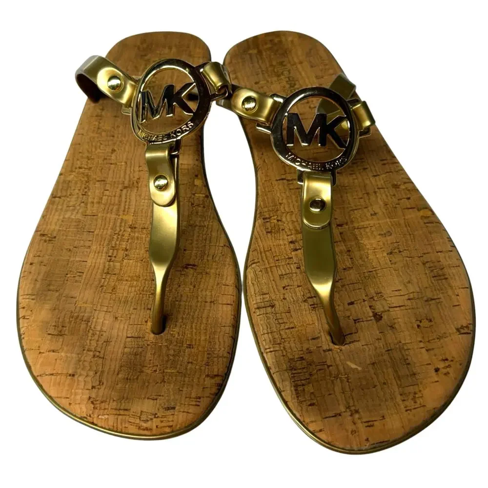 Michael Michael Kors Gold Jelly Thong Sandals MK Logo Cork Print Women's 8M